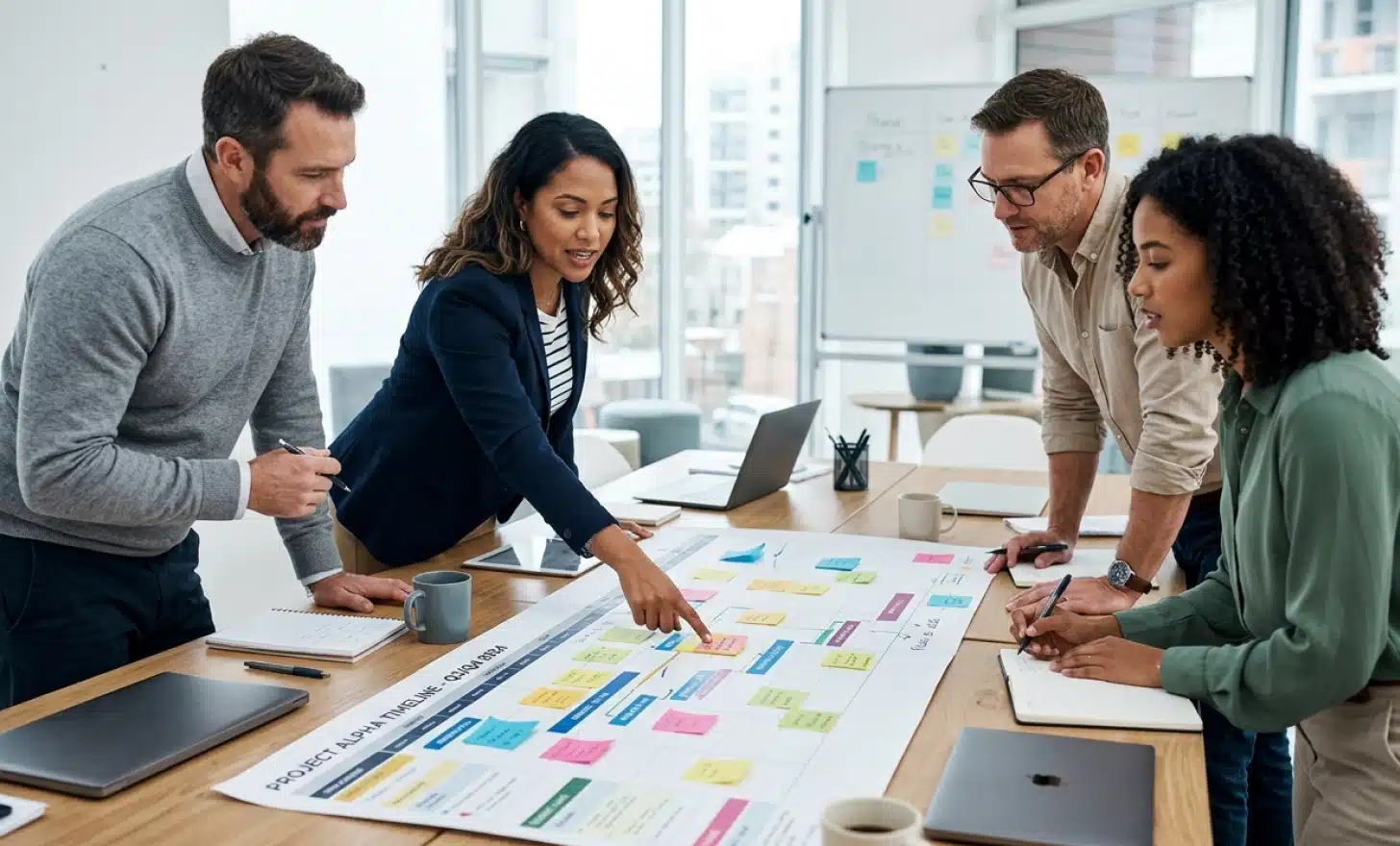 Team of professionals around a meeting table reviewing a printed timeline with sticky notes