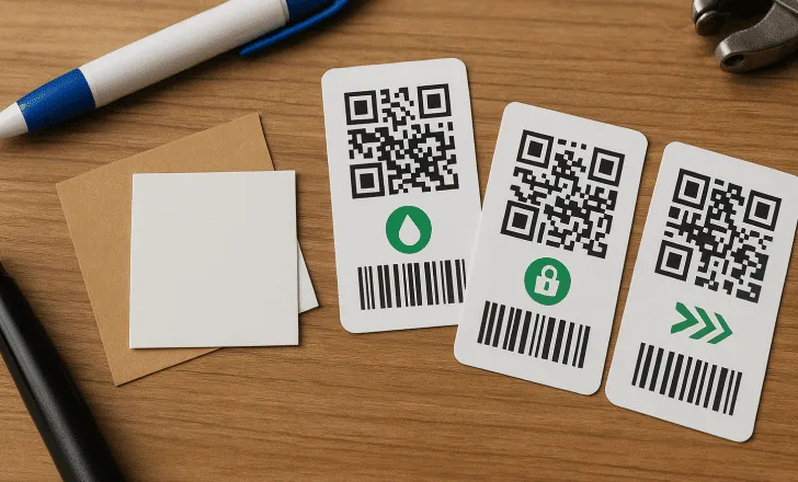 Three white QR code labels with unique green icons and barcodes on a wooden surface, surrounded by stationery and sample cards.