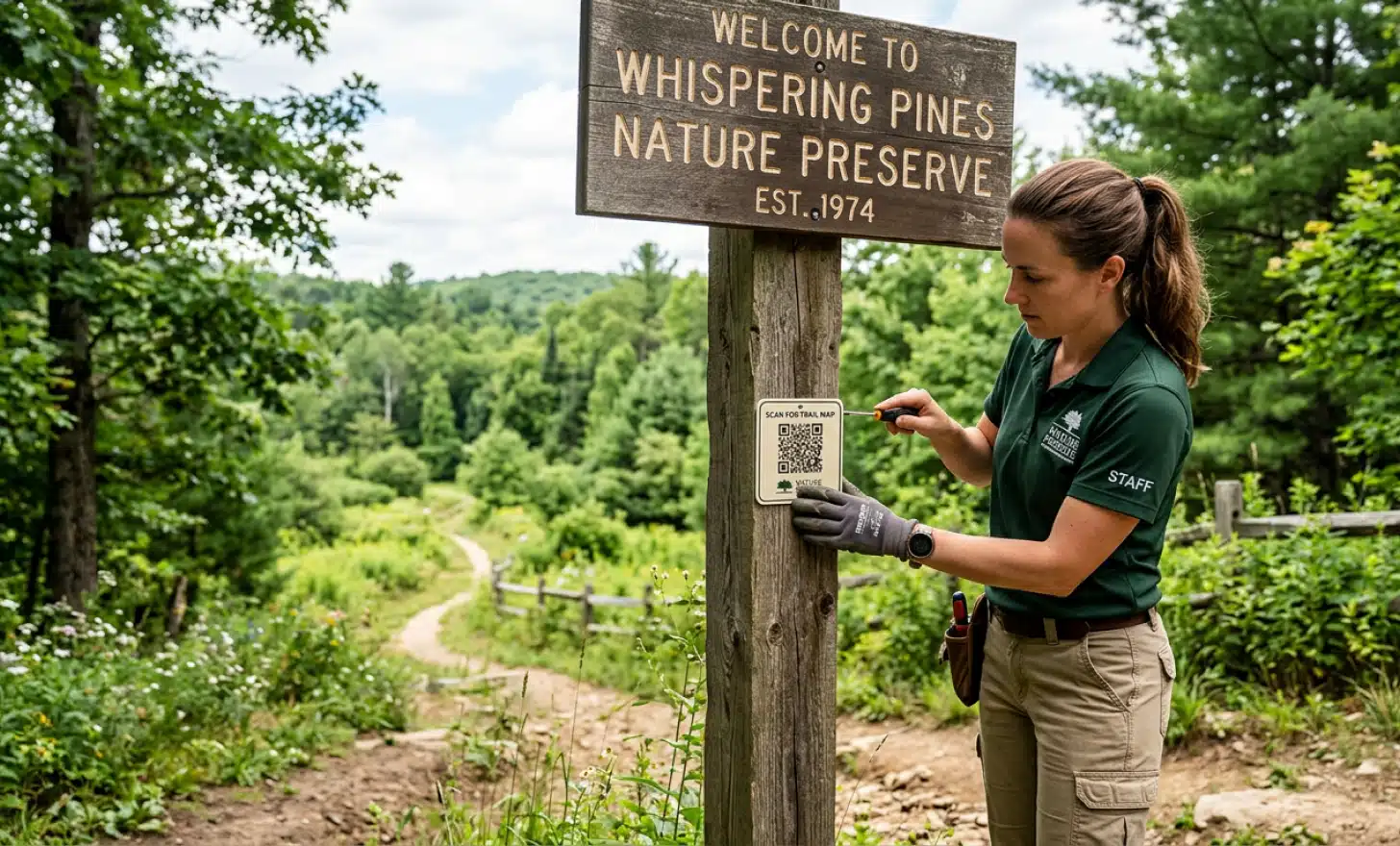 Tour operator placing a QR code sign at an outdoor tourist attraction entrance