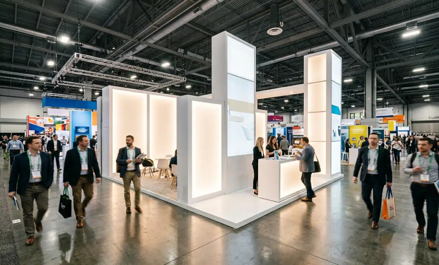 Trade show booth in a large convention hall with attendees walking past illuminated displays.