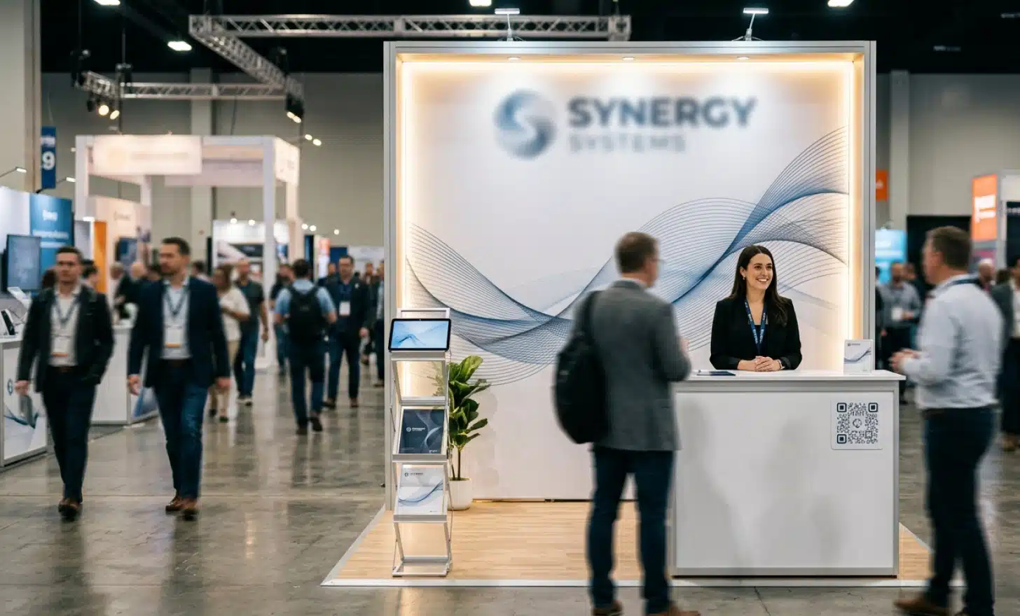 Trade show booth with a clean printed banner and a small QR code in the corner