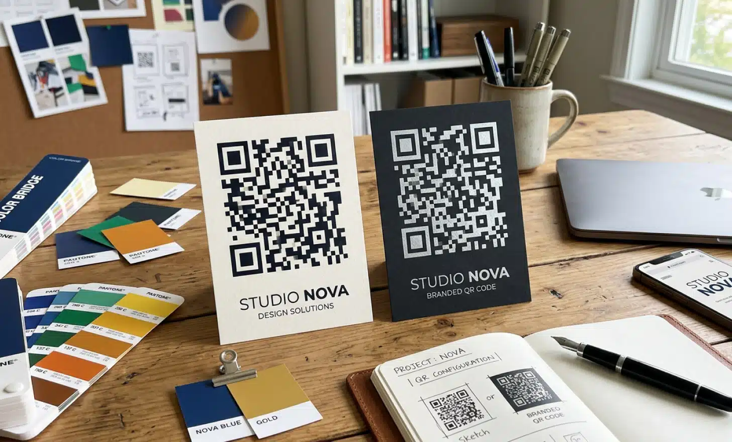Two QR code design variations on a designer's desk with color swatches.