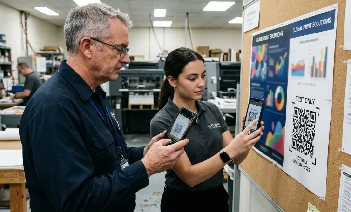 Two colleagues testing a poster QR code with an older and a newer smartphone in a print shop.