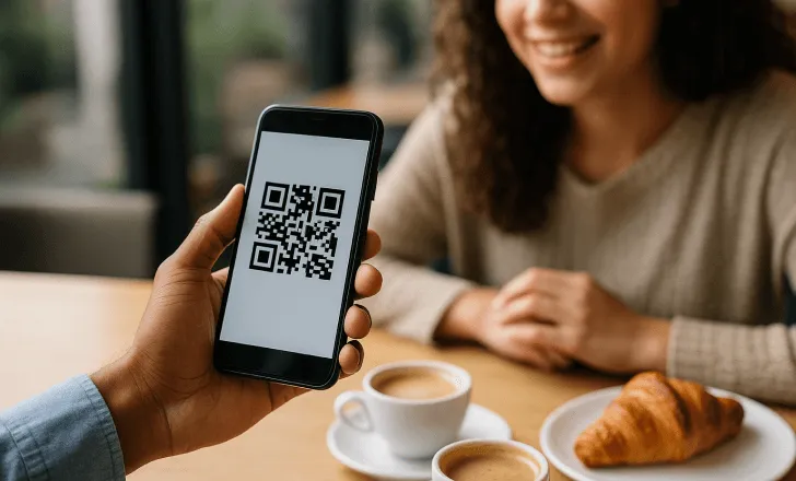 Two people at a cafe table viewing a QR code on a smartphone, smiling and engaged