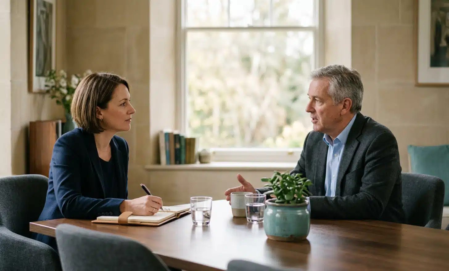 Two professionals in discussion across a table, illustrating questions to ask an AI QR code vendor.