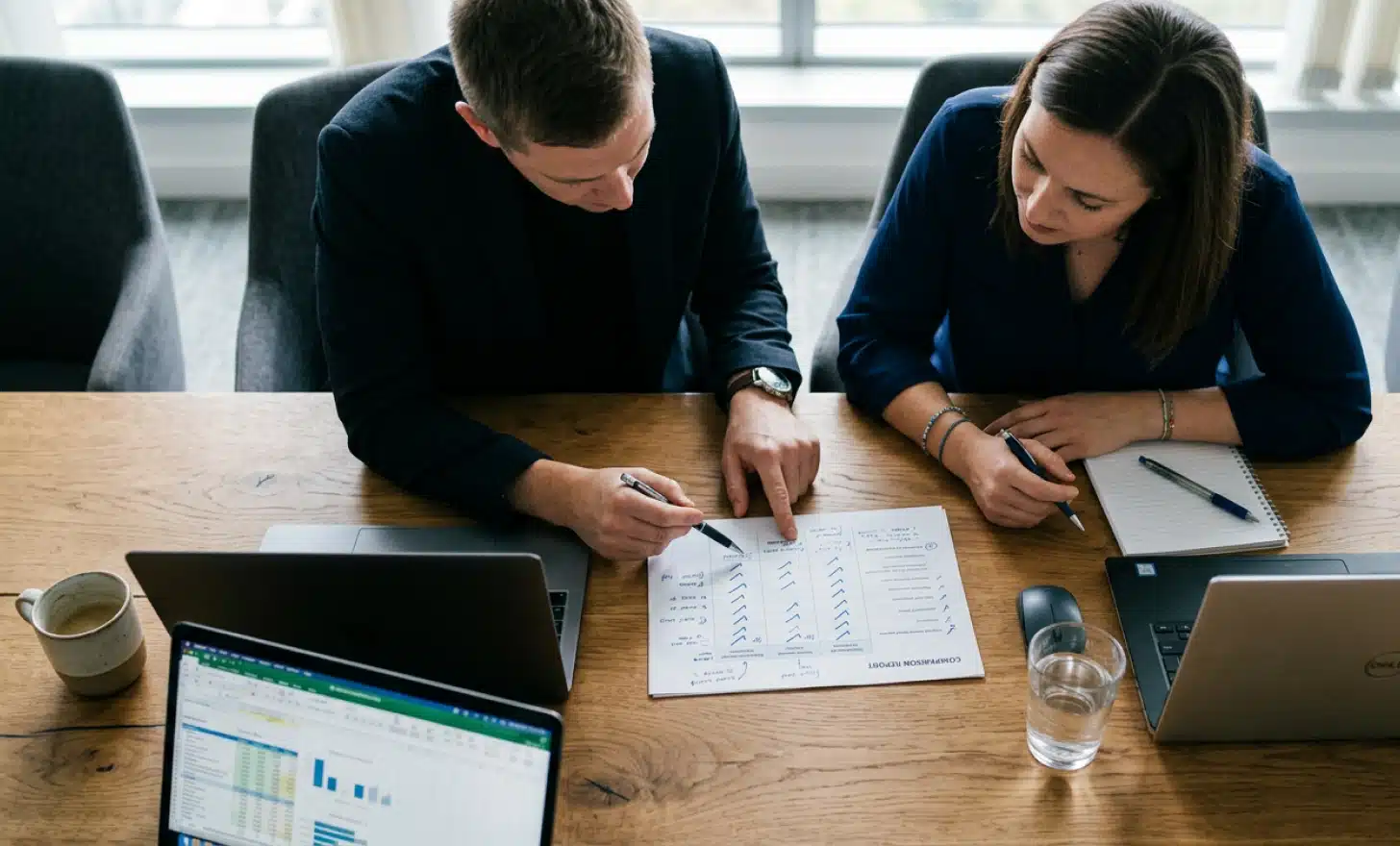 Two professionals reviewing a comparison checklist at a meeting table.