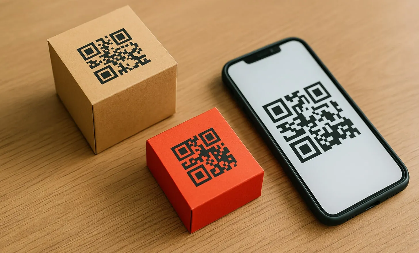 Deux petites boîtes en carton et un smartphone, chacun affichant un QR code, sur une table en bois