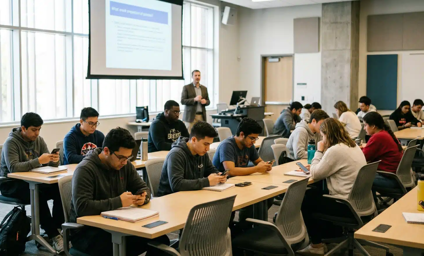 University classroom with students using smartphones while a presentation is displayed at the front