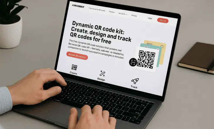 User browsing the QRCodeKIT homepage on a laptop, showing tools to create, design, and track QR codes