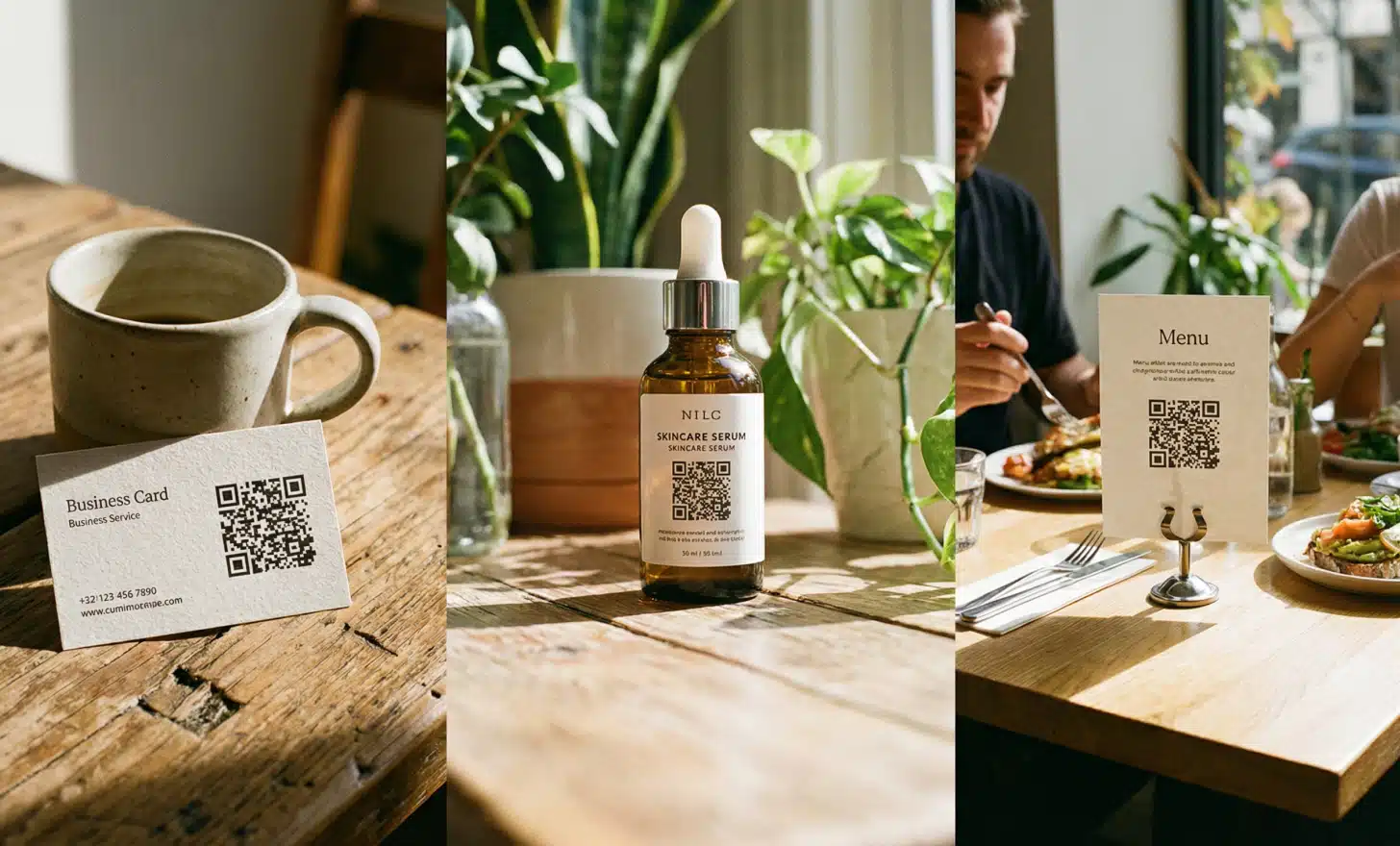 Various QR code placements on business card, product packaging, and restaurant menu.