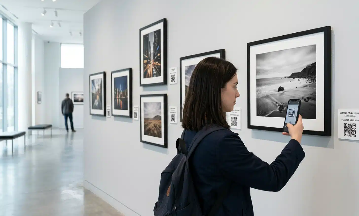 Visitor scanning a QR code placard beside a framed photo in a gallery exhibition.
