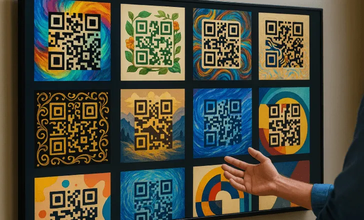 Wall display of nine artistic QR codes in different styles and colors, with a person’s hand pointing at the designs