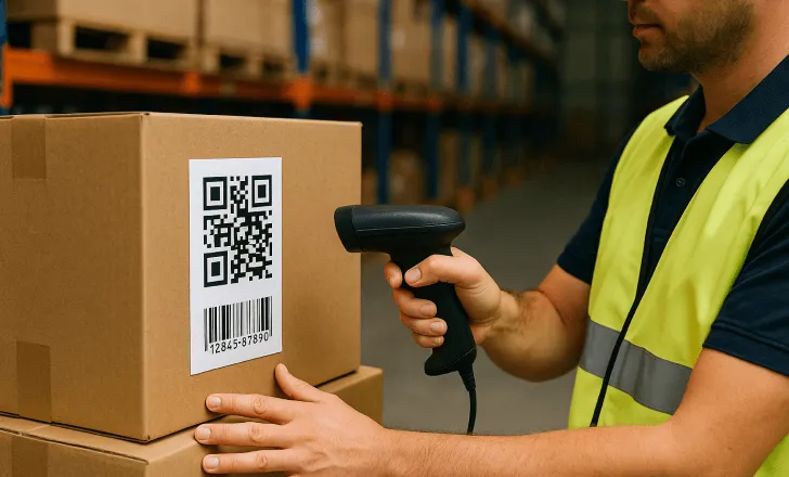 Warehouse worker in a reflective vest scans a QR code and barcode on a cardboard box using a handheld scanner, with shelves of boxes in the background.