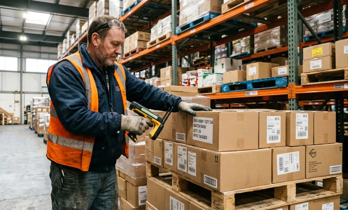 Warehouse worker in a safety vest using a handheld RFID reader to scan cardboard boxes stacked on a pallet.
