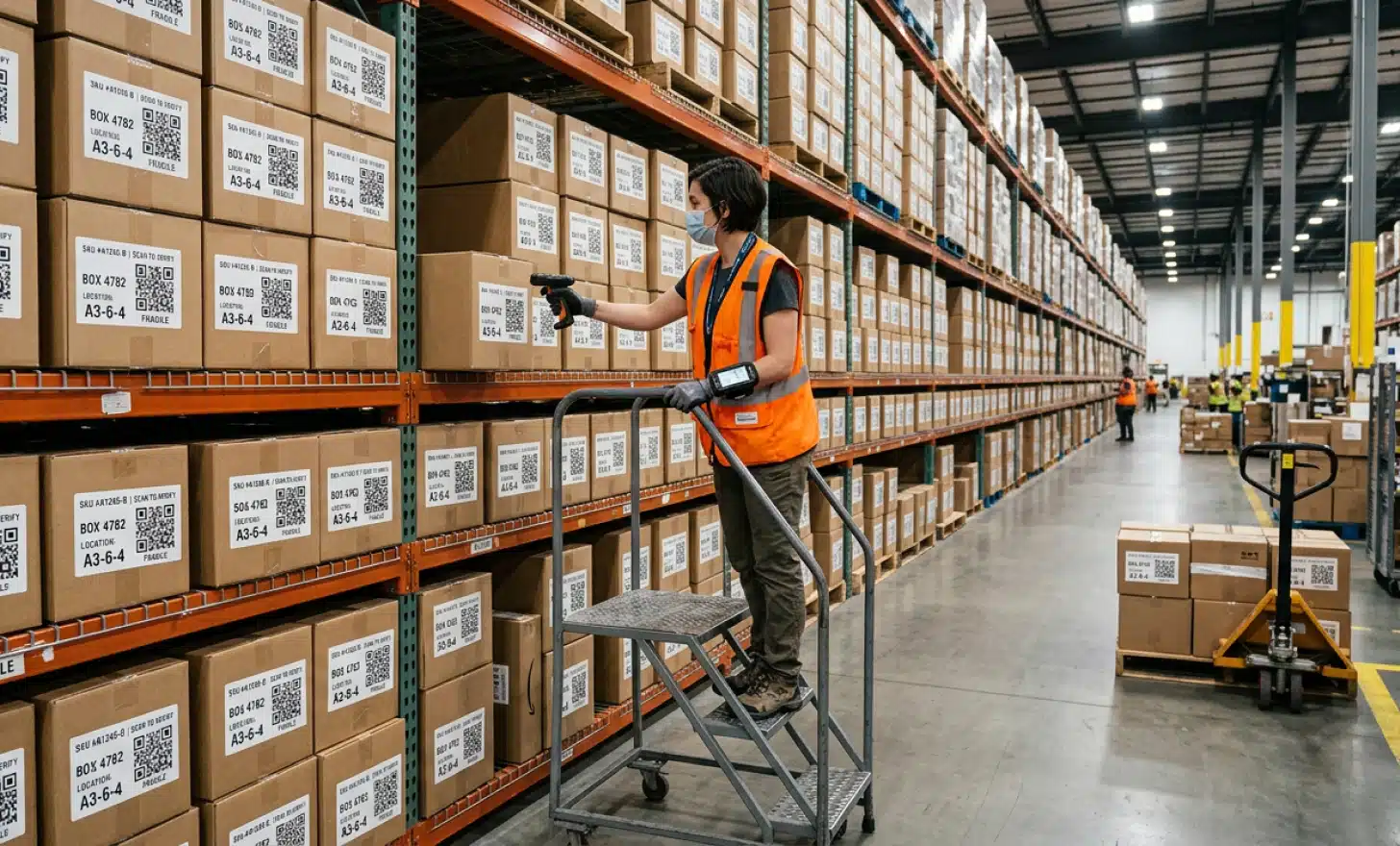 Warehouse worker reaching toward labeled boxes with QR codes on warehouse shelving.