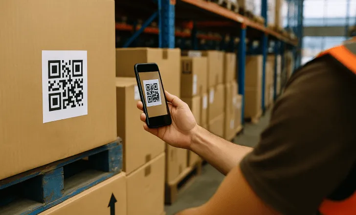 Warehouse worker scanning a QR code on a cardboard box for inventory tracking