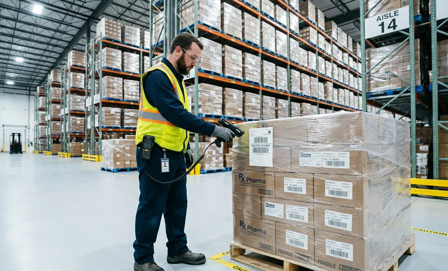 Warehouse worker scanning a pallet code with a handheld industrial scanner in a pharmaceutical distribution center