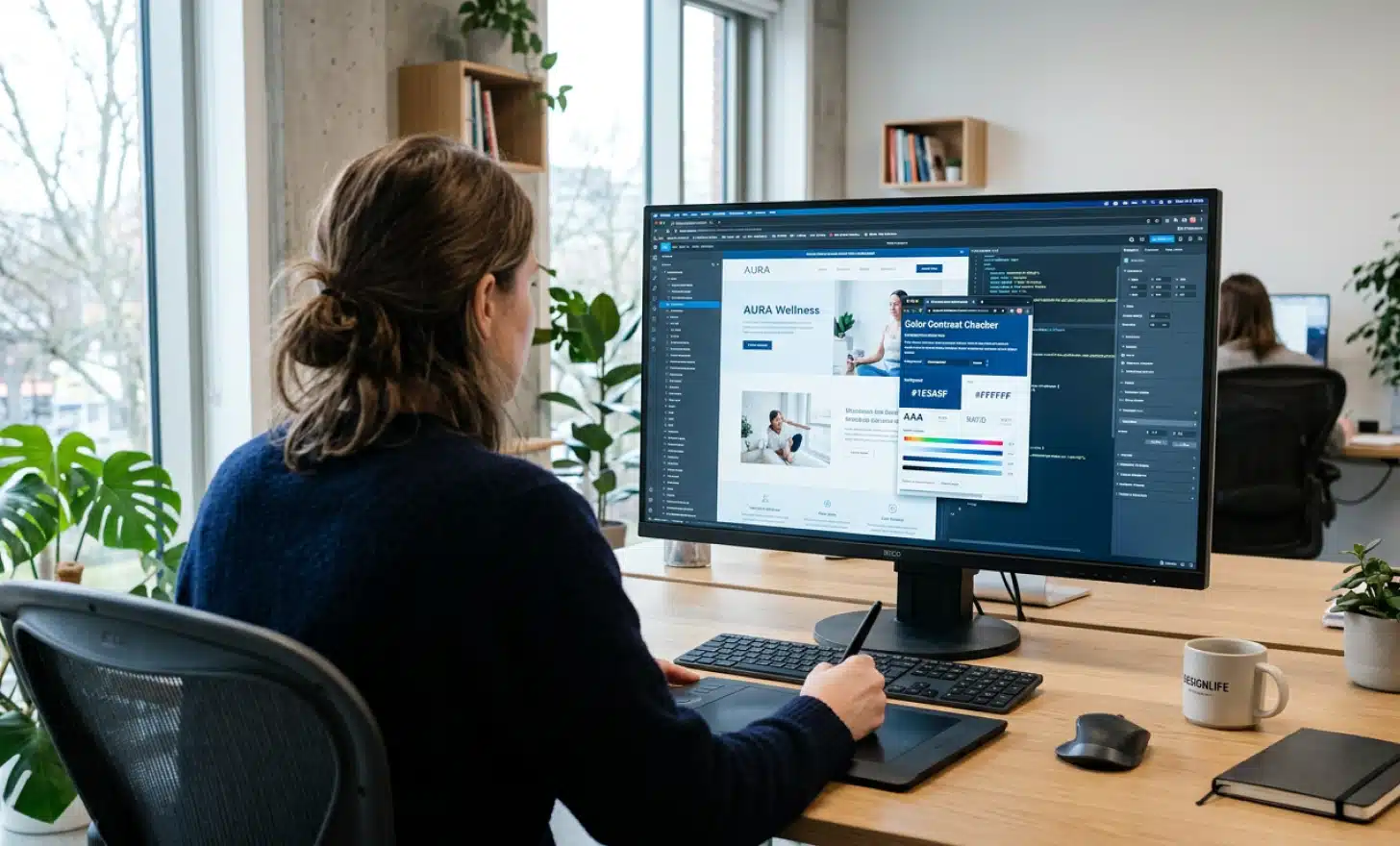 Web designer adjusting color contrast on a desktop monitor.