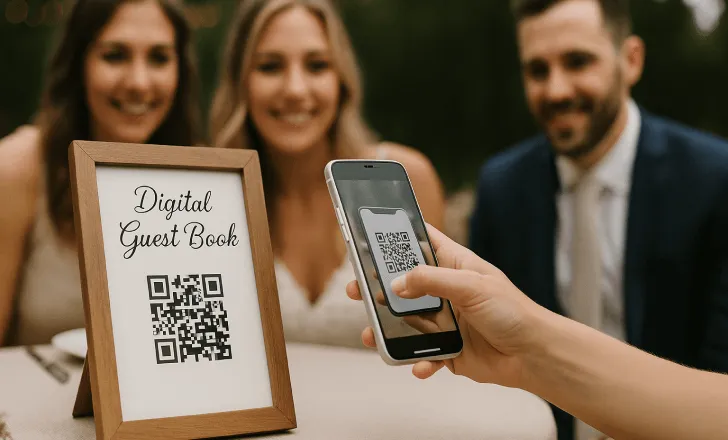 Wedding guests interact with a digital guest book by scanning a QR code displayed in a wooden frame