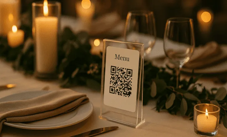 Wedding reception table with an acrylic QR code menu stand, surrounded by candles, wine glasses, taupe napkins, and greenery under warm ambient lighting.