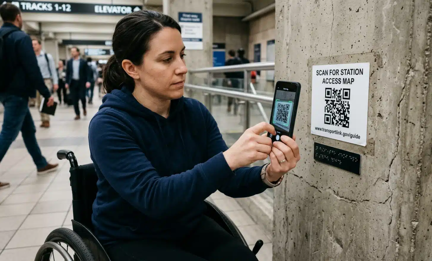 Wheelchair user scanning a QR code placed at accessible height on a wall.