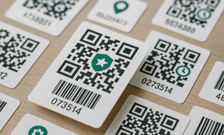 White QR code labels with barcodes and green icons, arranged on a wooden surface, with one central label featuring a shield and star.