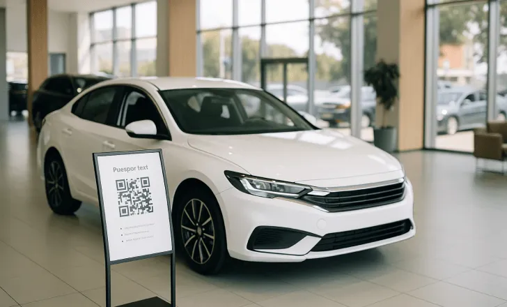 White sedan in a car dealership next to an informational stand displaying a QR code.