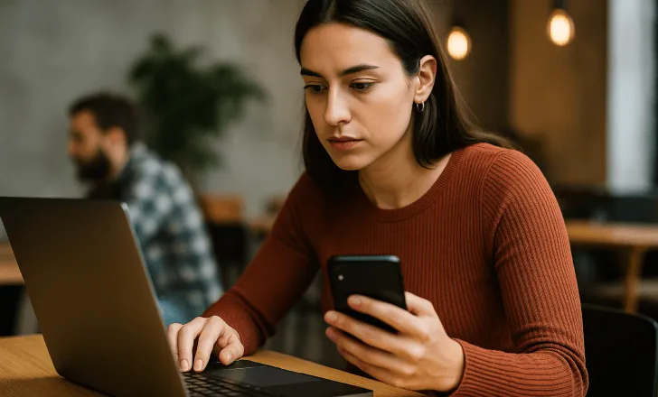 Woman checking phone while working on laptop at a café