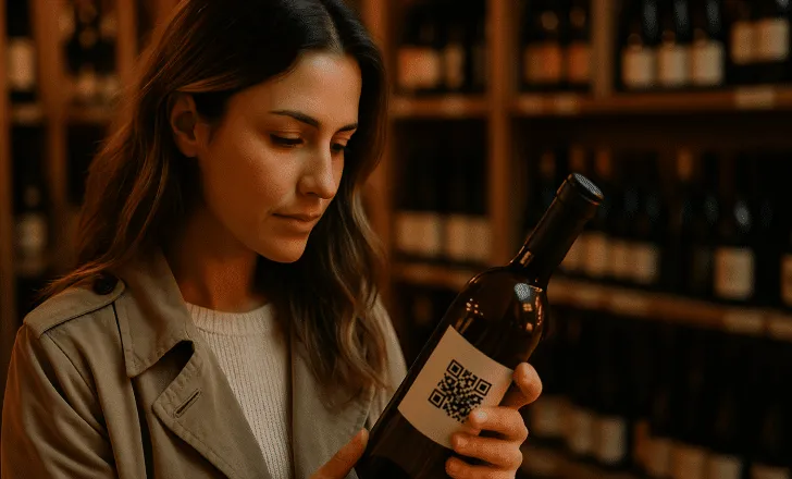 Woman examining a wine bottle with a QR code label in a cozy store