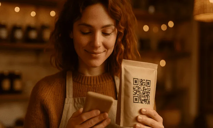 Woman holding a product with a QR code in a cozy, softly lit shop
