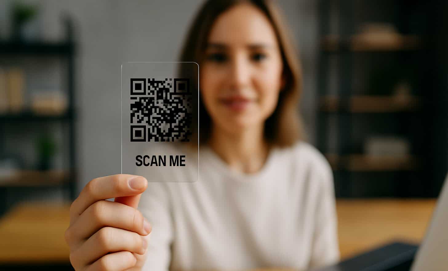 Mujer sosteniendo una tarjeta con código QR transparente y texto “Escanéame” en una oficina moderna