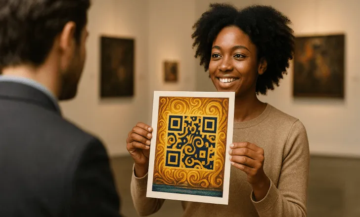 Woman presenting an artistic QR code artwork to a visitor in an art gallery, with golden swirl patterns around the code.