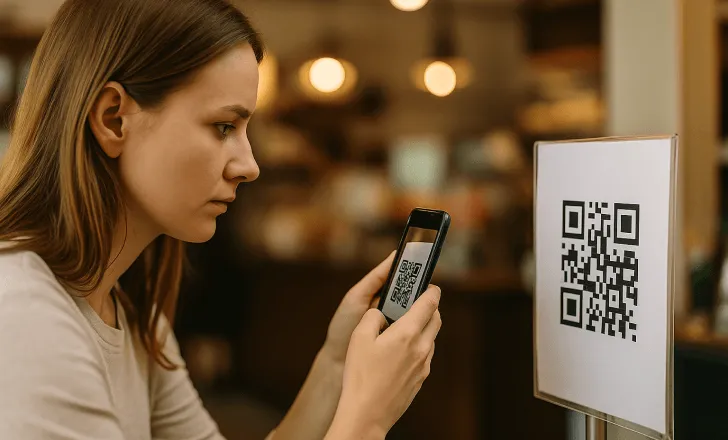 Woman scanning a QR code in a modern retail store