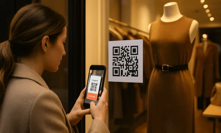 Woman scanning a QR code on a boutique window, with a personalized coupon visible on her phone screen, warm interior lighting and elegant fashion display inside.