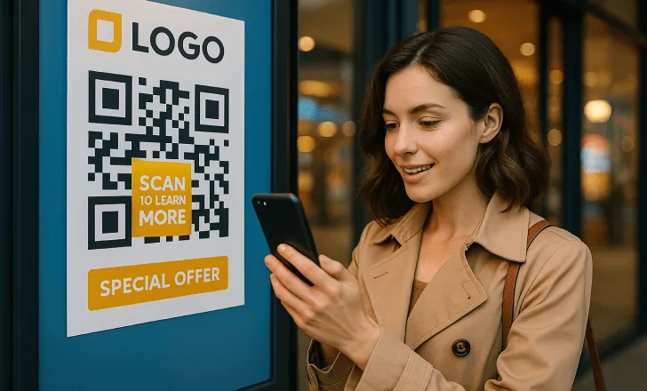 Woman scanning a QR code on a branded marketing poster promoting a special offer