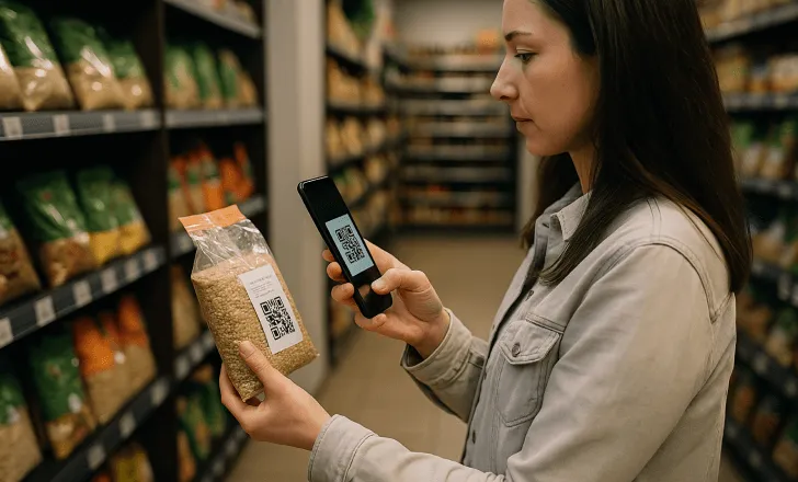 Woman scanning a QR code on a packaged product in a supermarket aisle