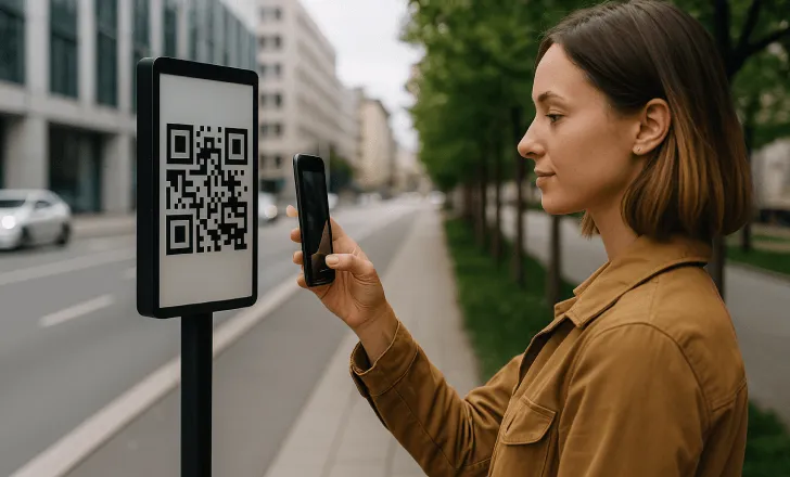 Woman scanning a QR code on a sidewalk in a modern urban setting
