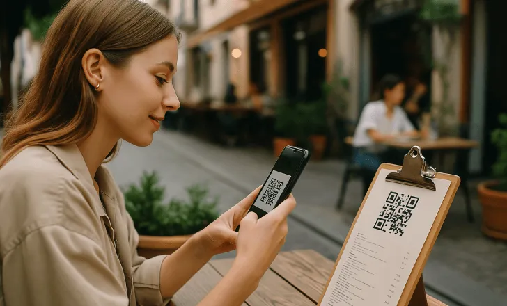 Woman scanning a café menu QR code while sitting outside on a cobblestone street