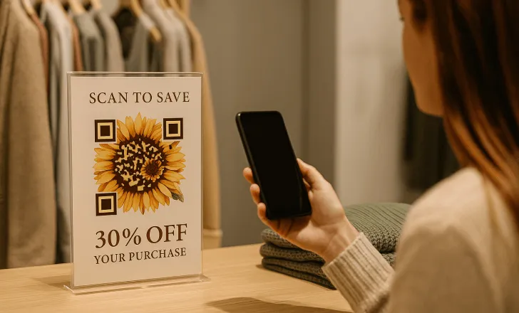 Woman scanning an artistic AI-generated QR code with sunflower motif on a clothing store sale sign using her smartphone.