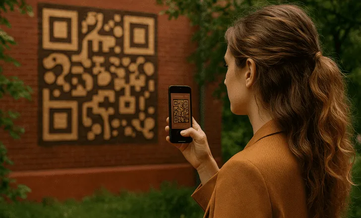 Woman scanning an artistic QR code mural with wooden pattern outdoors