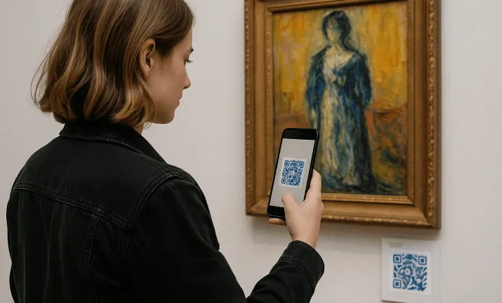 Woman scanning an artistic QR code on a museum exhibit label with her smartphone
