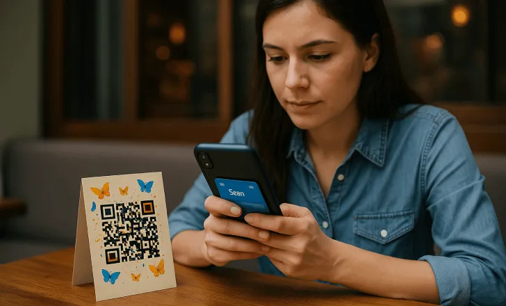 Woman scanning artistic QR code on café table card