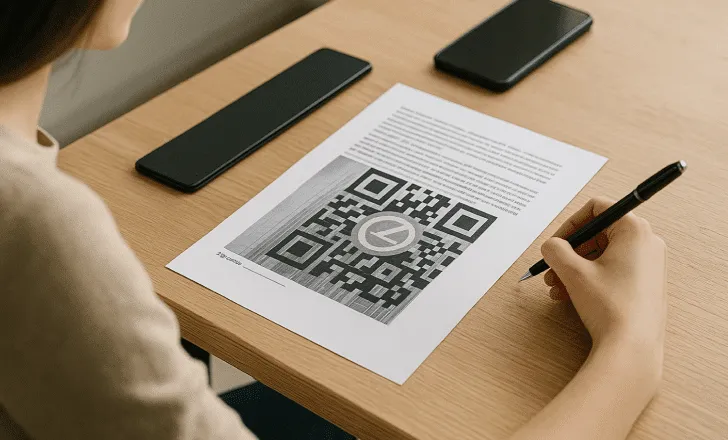 Woman signing a printed document featuring a large watermark QR code integrated into the page layout