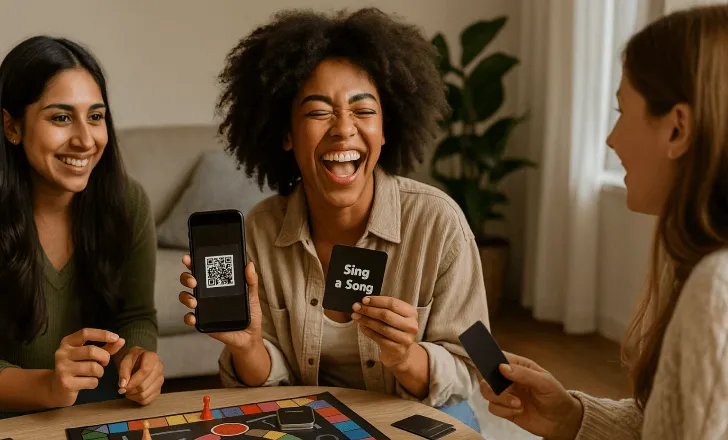 Women playing a music-themed board game while scanning a QR code card, enjoying an interactive and immersive challenge