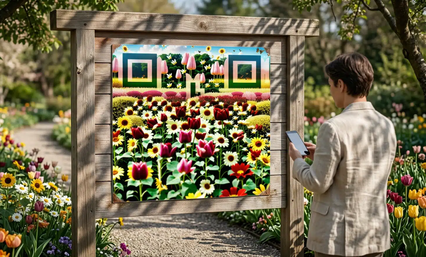 Wooden welcome sign at a botanical garden entrance featuring a printed panel artwork, with a visitor about to scan with a smartphone.