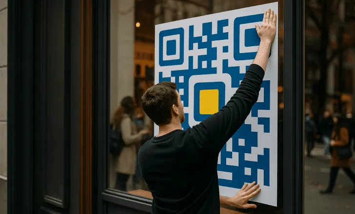 Worker applying a large blue-and-white QR code with a yellow center to a storefront window, with pedestrians and city reflections visible.