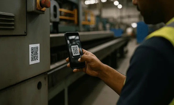 Worker scanning a QR code on industrial equipment in a large manufacturing facility