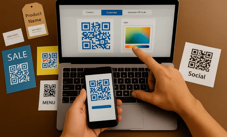 Workspace with laptop and printed materials customizing different QR codes