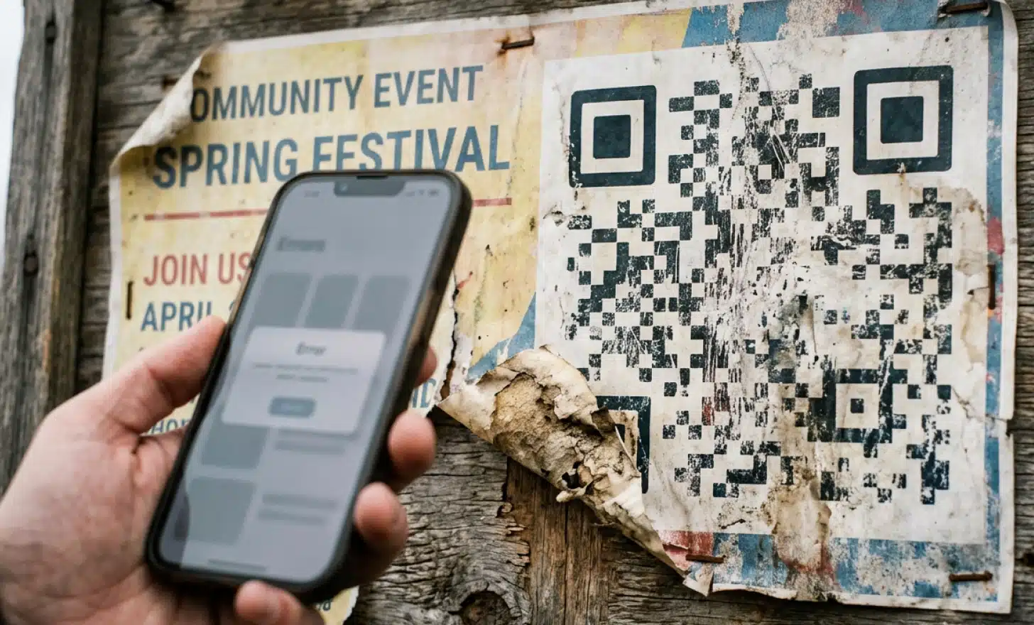 Worn and faded QR code on a weathered poster failing to scan