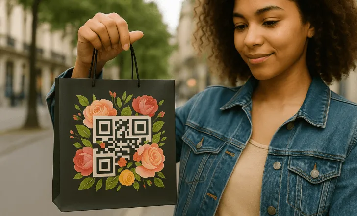 Young woman holding a black shopping bag with an artistic floral QR code, standing on a city street.